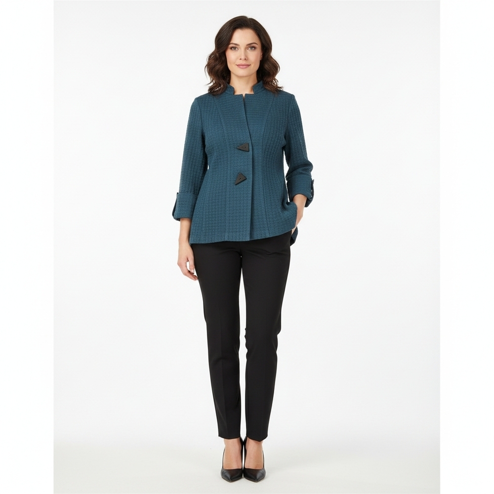 IC by Connie K Size Small Teal Green A-line Textured Knit Blazer Hi Low Hem - Picture 14 of 15
